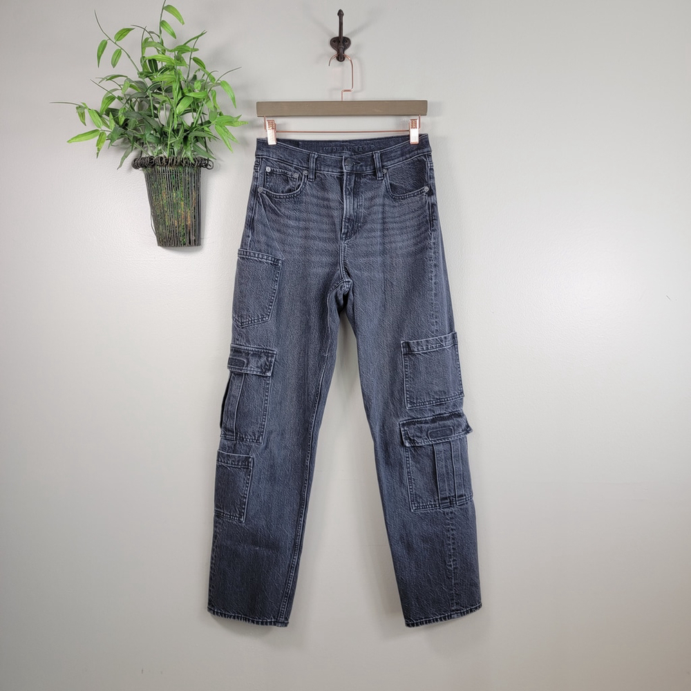 American Eagle Super High Rise Baggy Straight Jeans 90s Black Relaxed Cargo AE 2